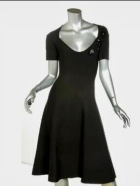 Zac Posen Black Short Sleeve Fit & Flare Midi Embellished Dress
